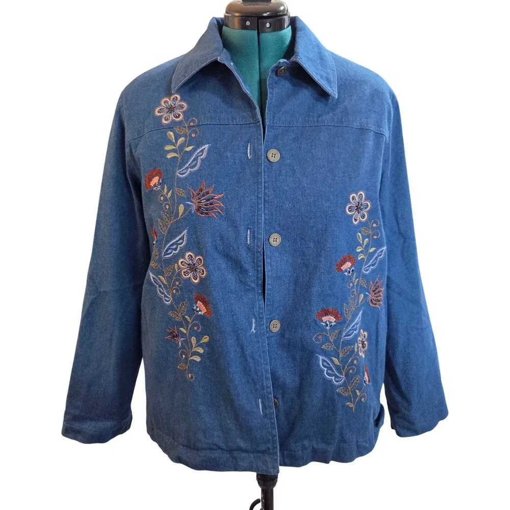 Alfred Dunner Floral Embroidered Denim‎ Jacket Size 14 Blue Stretch Button Front